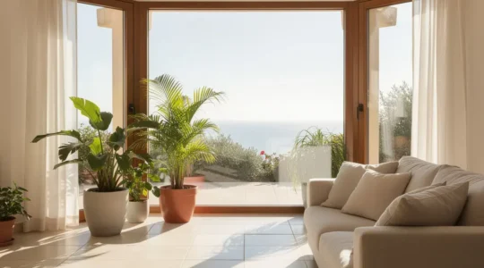 Grande baie vitrée exposée au soleil dans un séjour méditerranéen avec rayons lumineux traversant le vitrage