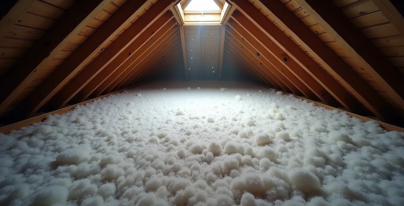 Vue en plongée d'un matelas uniforme d'isolant soufflé recouvrant le plancher d'un comble perdu entre des solives de charpente traditionnelle en bois.