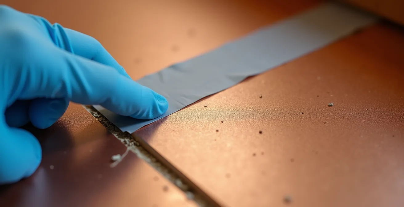 Vue macro extrême d'un adhésif d'étanchéité appliqué sur une membrane pare-vapeur cuivrée, montrant la texture de l'encollage et le recouvrement entre deux lés.