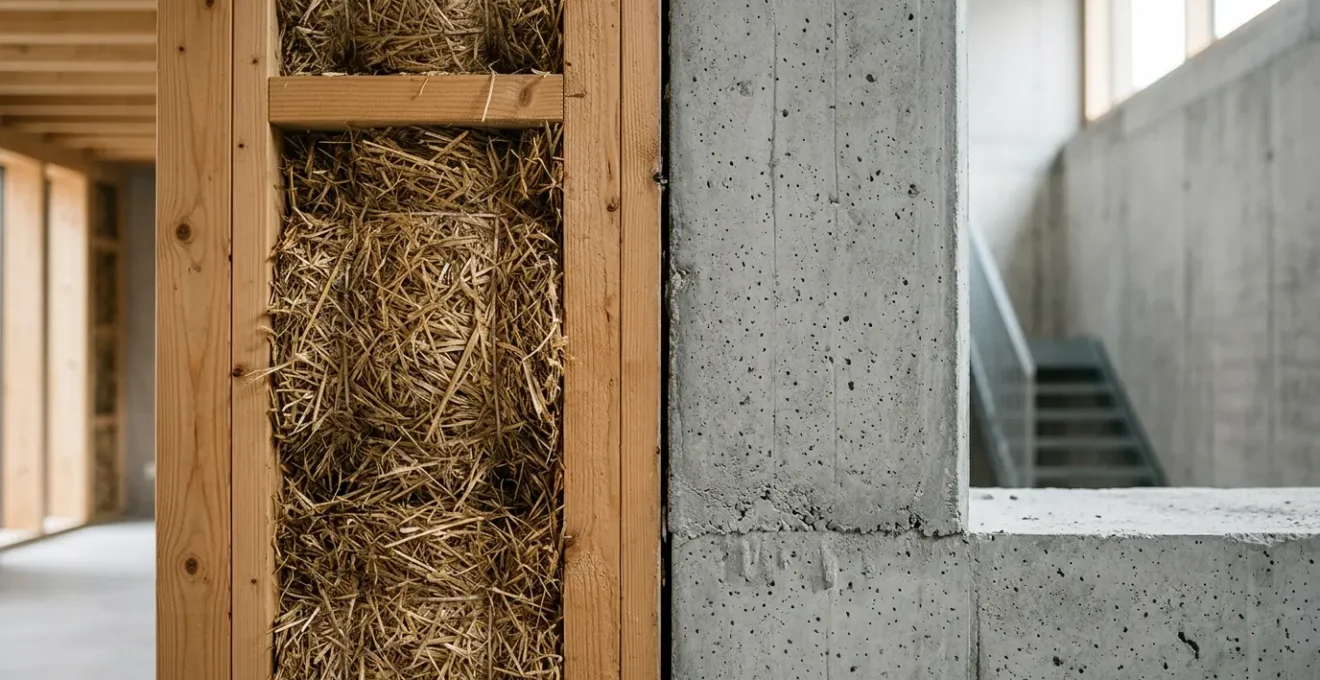 Vue comparative d'une construction mixte bois-paille et béton montrant le stockage carbone