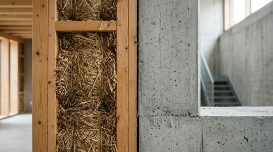 Vue comparative d'une construction mixte bois-paille et béton montrant le stockage carbone