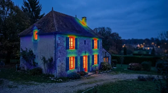 Analyse thermographique d'une maison française montrant les déperditions énergétiques colorées