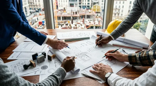 Documents officiels et certificats de conformité RE2020 sur bureau d'architecte avec plans de construction