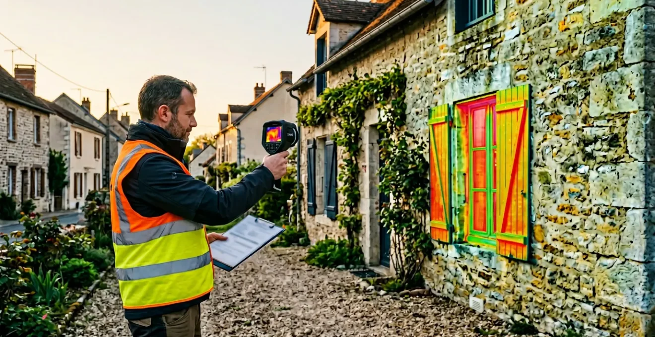 Expert immobilier examinant une maison ancienne avec caméra thermique et documentation technique