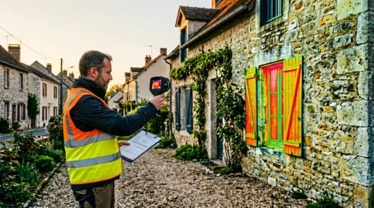 Expert immobilier examinant une maison ancienne avec caméra thermique et documentation technique