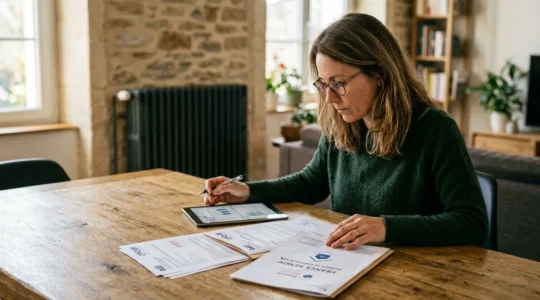 Un propriétaire examine les certifications d'un auditeur énergétique dans un salon lumineux avec documents officiels sur table