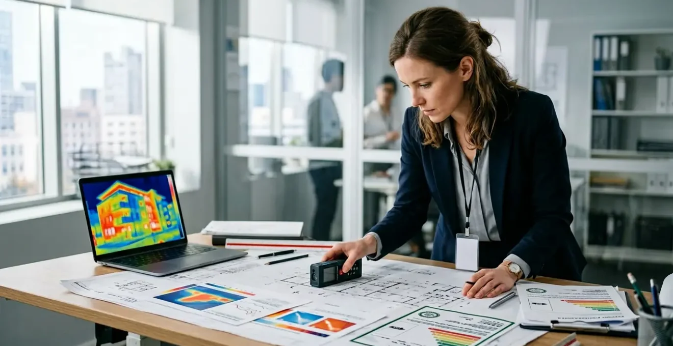 Expert en bureau d'études RGE analysant des plans de rénovation énergétique d'une maison individuelle avec documents techniques et outils de mesure thermique