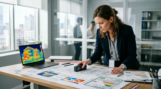 Expert en bureau d'études RGE analysant des plans de rénovation énergétique d'une maison individuelle avec documents techniques et outils de mesure thermique