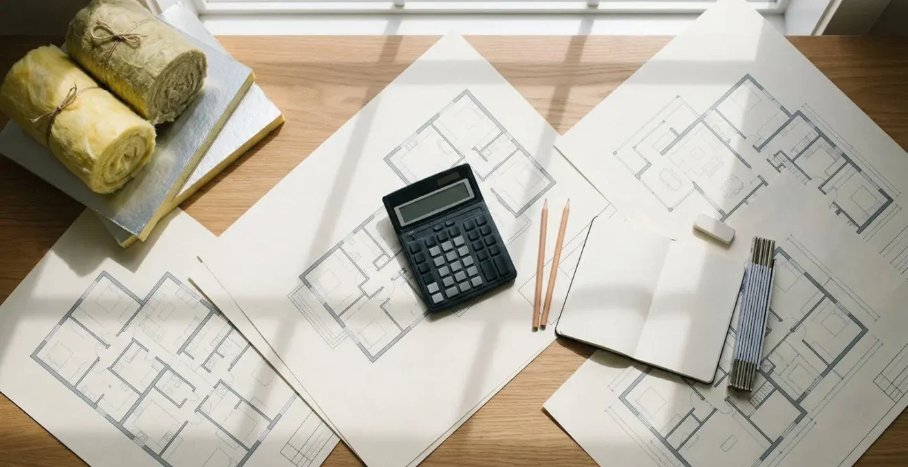 Bureau avec calculatrice et documents de devis pour travaux d'isolation, ambiance lumineuse professionnelle