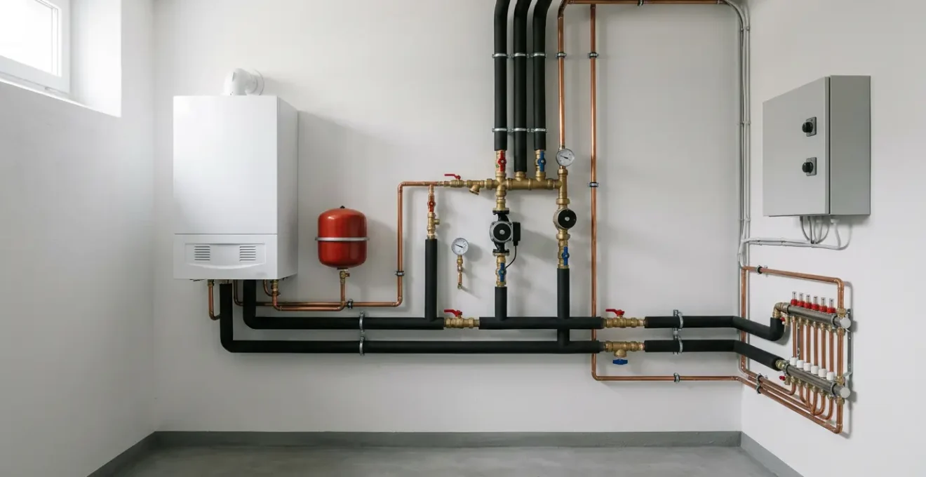 Installation moderne de chaudière à condensation dans un local technique avec tuyauteries et vannes professionnelles