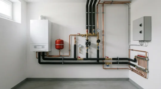 Installation moderne de chaudière à condensation dans un local technique avec tuyauteries et vannes professionnelles