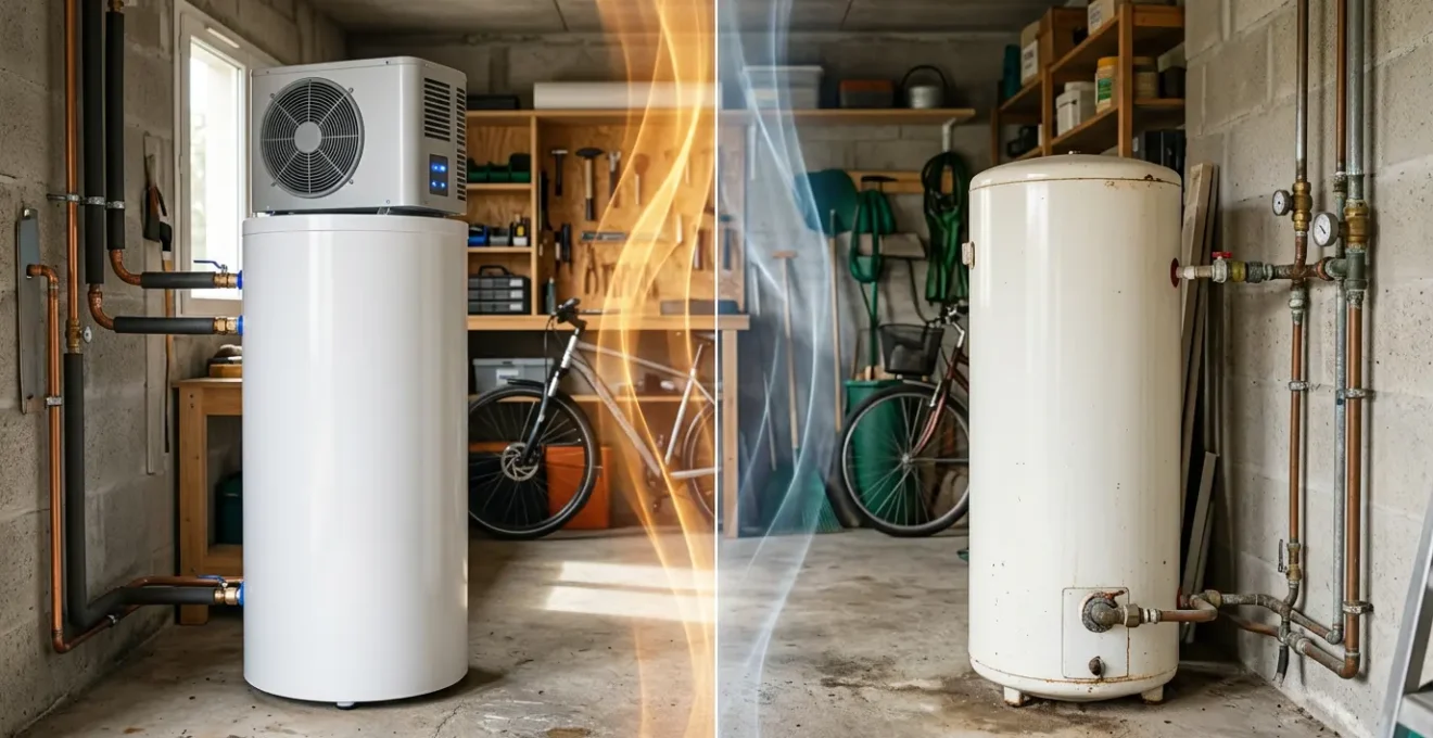 Vue comparative d'un chauffe-eau thermodynamique moderne et d'un cumulus électrique classique dans un garage français