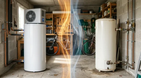 Vue comparative d'un chauffe-eau thermodynamique moderne et d'un cumulus électrique classique dans un garage français