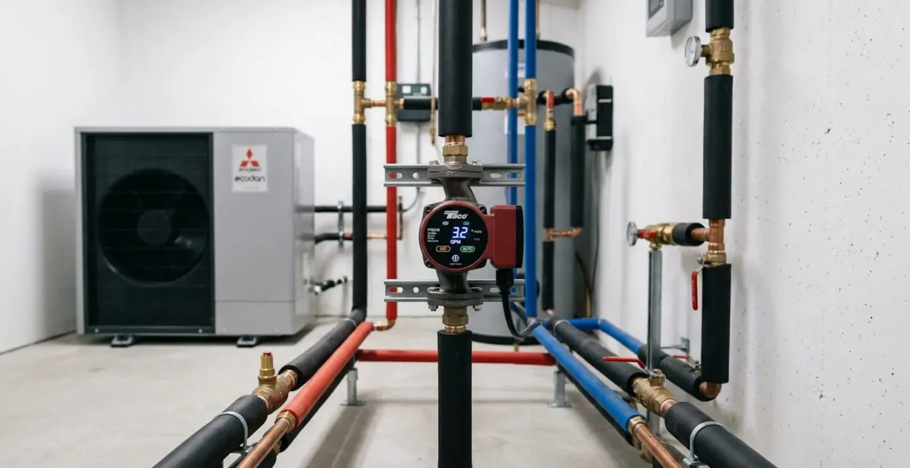 Circulateur moderne à vitesse variable installé sur circuit de chauffage avec indicateurs de performance