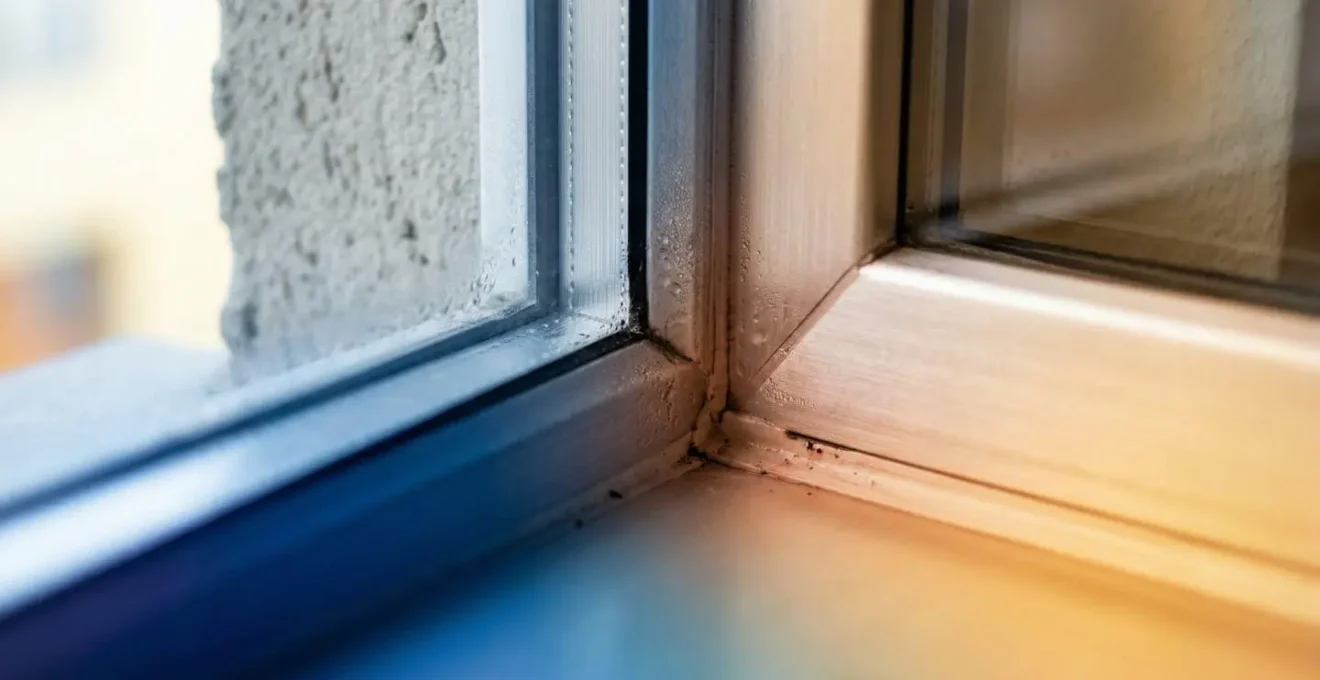 Vue macro détaillée d'un pont thermique sur jonction mur-balcon avec gradient thermique visible