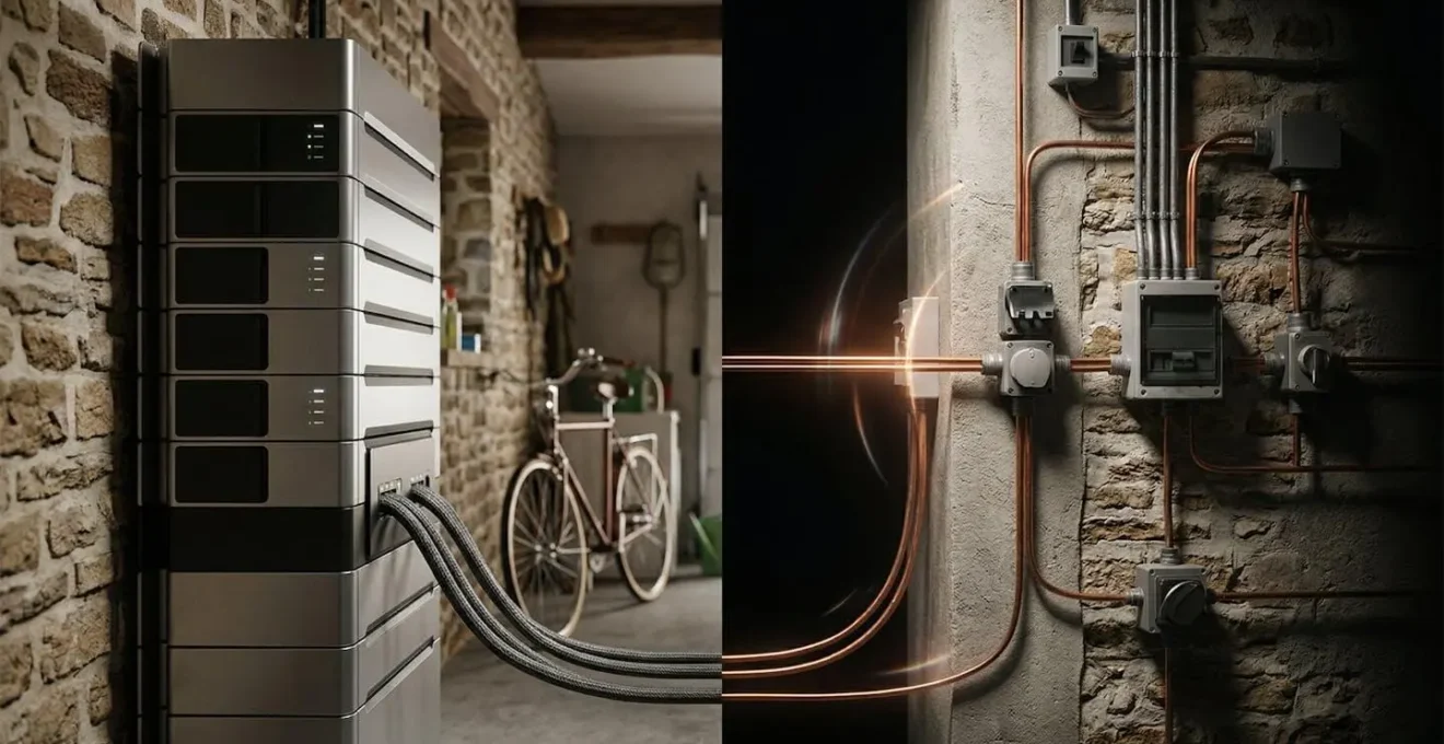 Installation de batteries domestiques dans un garage français moderne