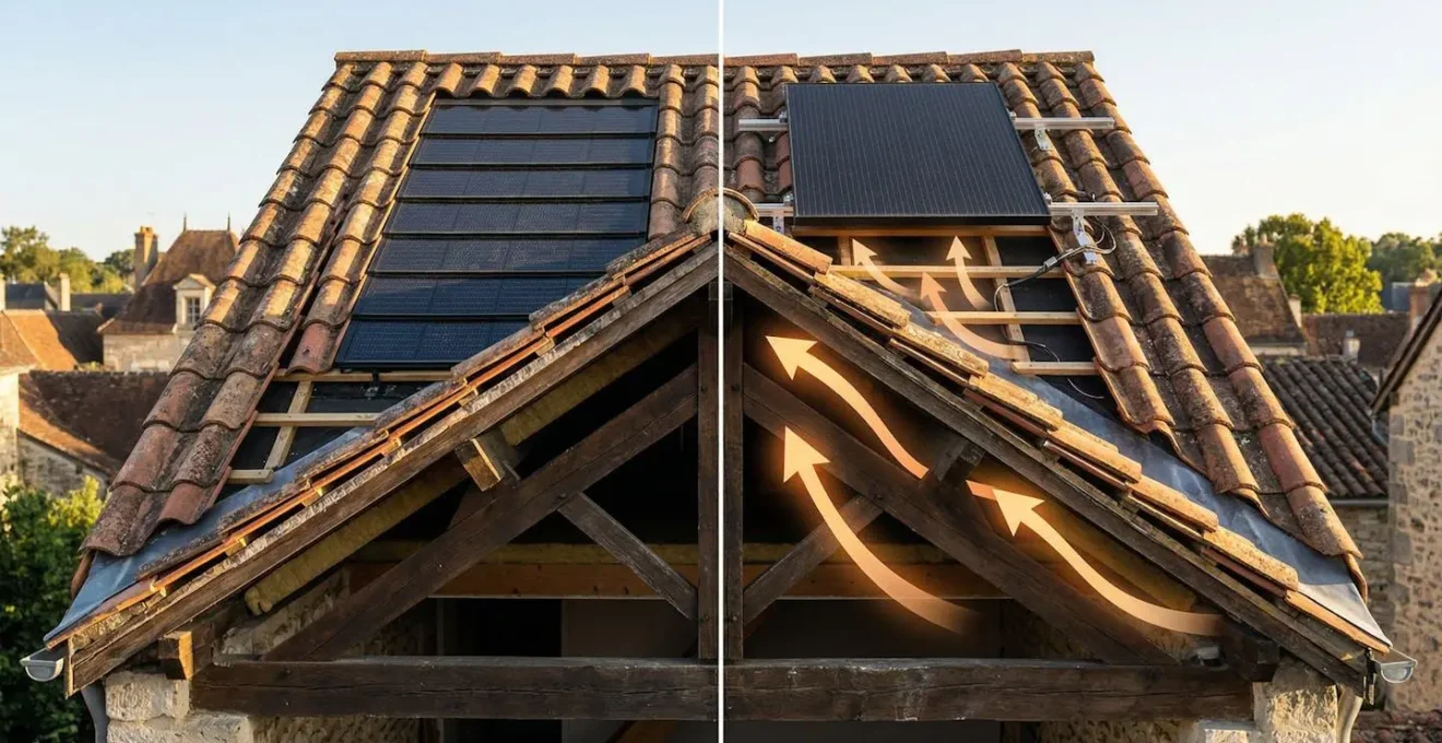 Vue en coupe montrant la différence de ventilation entre tuiles solaires intégrées et panneaux en surimposition