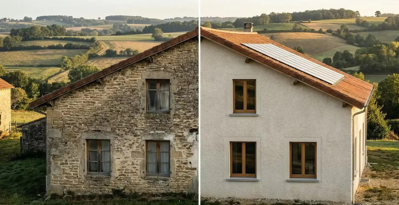 Deux maisons rurales côte à côte montrant le contraste entre rénovation BBC et état initial