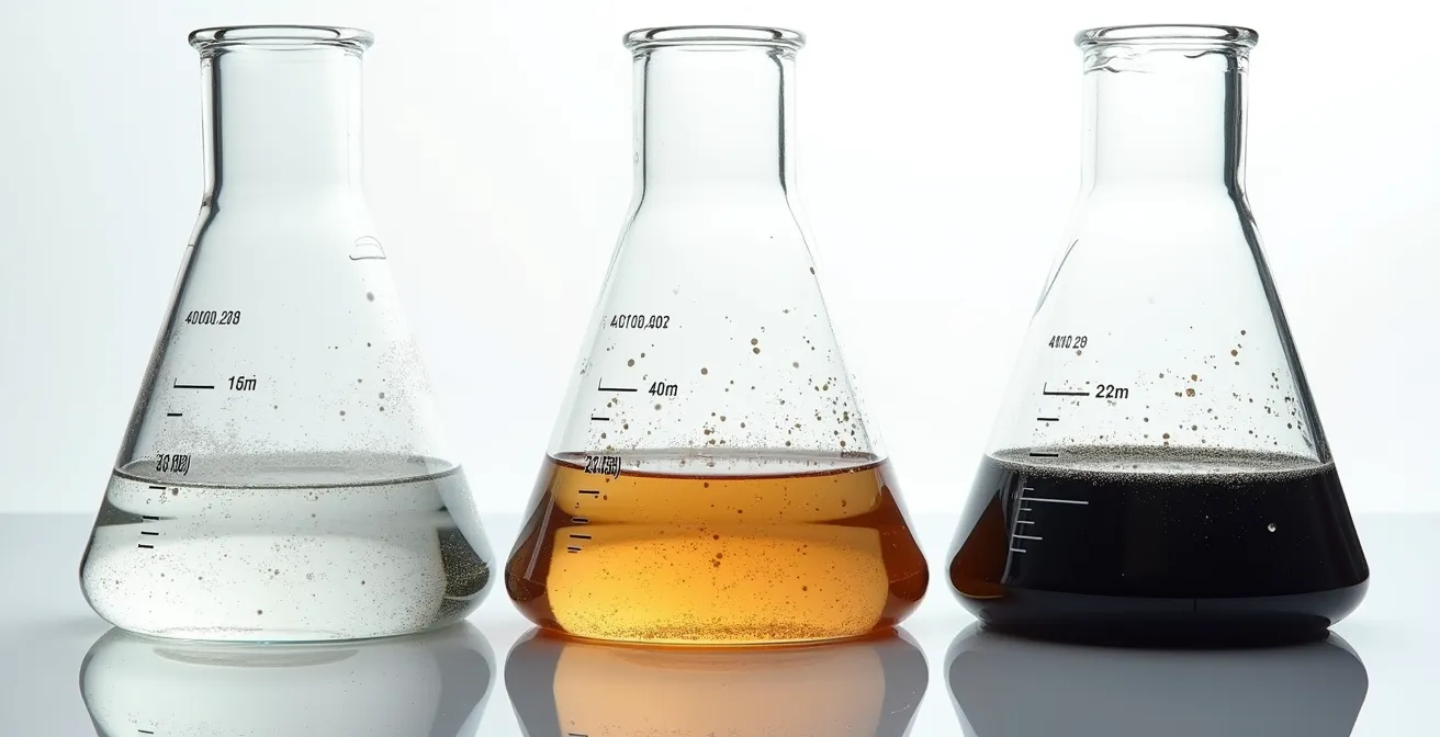 Trois échantillons d'eau de purge montrant différents niveaux d'embouage de clair à noir