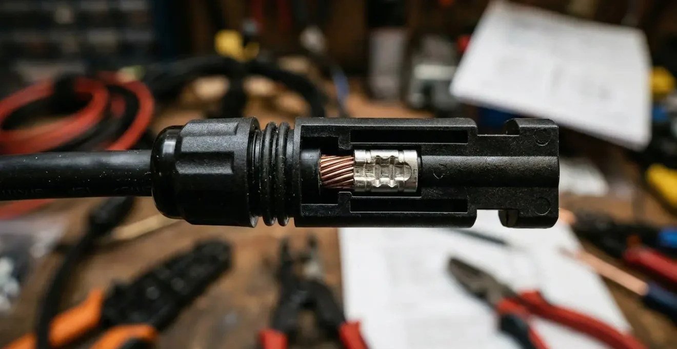 Gros plan technique sur un connecteur MC4 correctement serti pour panneau solaire