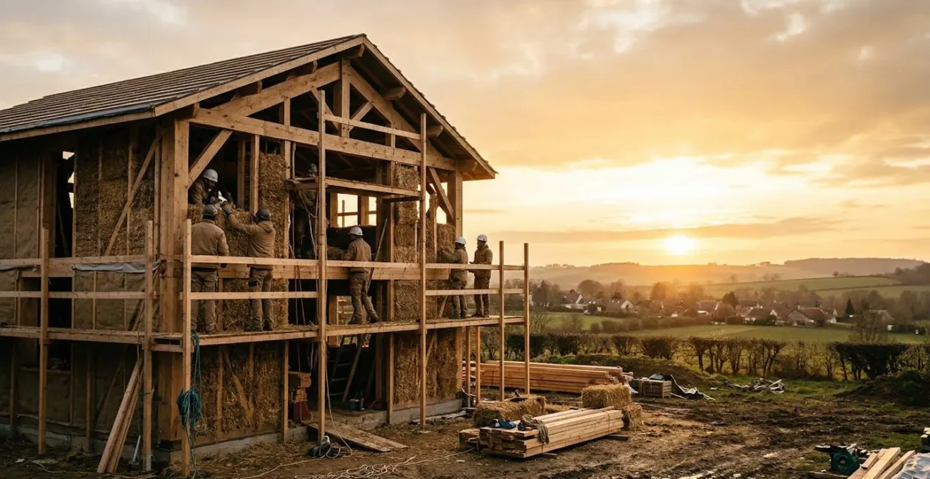 Chantier de construction montrant l'assemblage de différents matériaux biosourcés