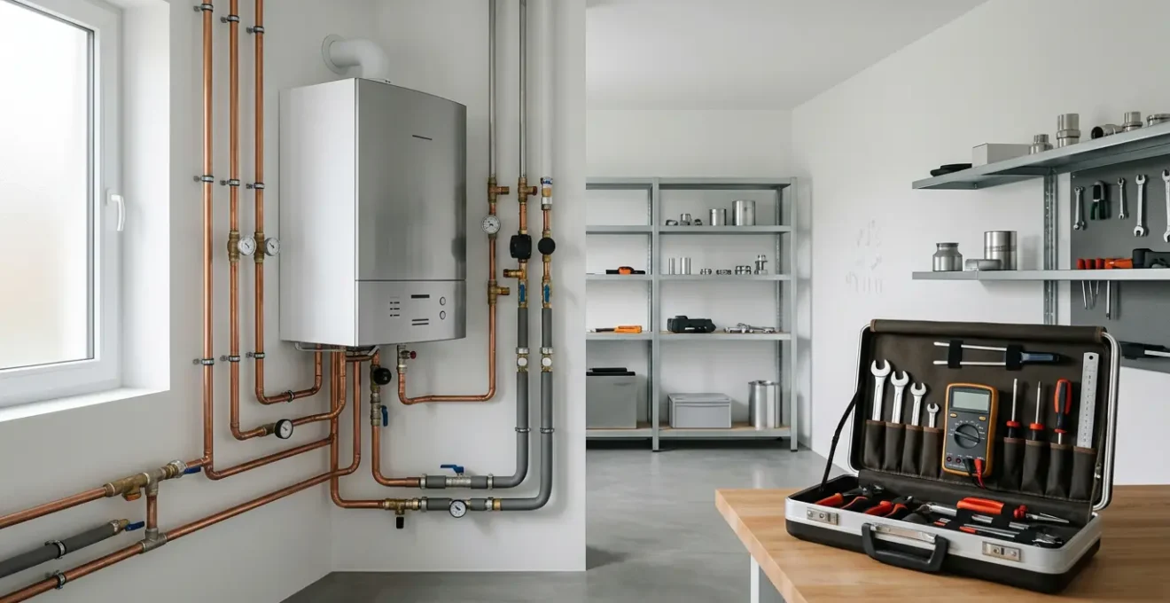 Vue d'une chaudière moderne dans une chaufferie résidentielle avec outils d'entretien et documentation contractuelle