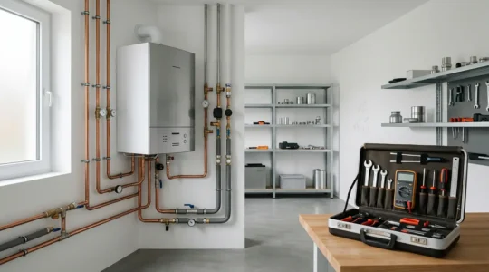 Vue d'une chaudière moderne dans une chaufferie résidentielle avec outils d'entretien et documentation contractuelle