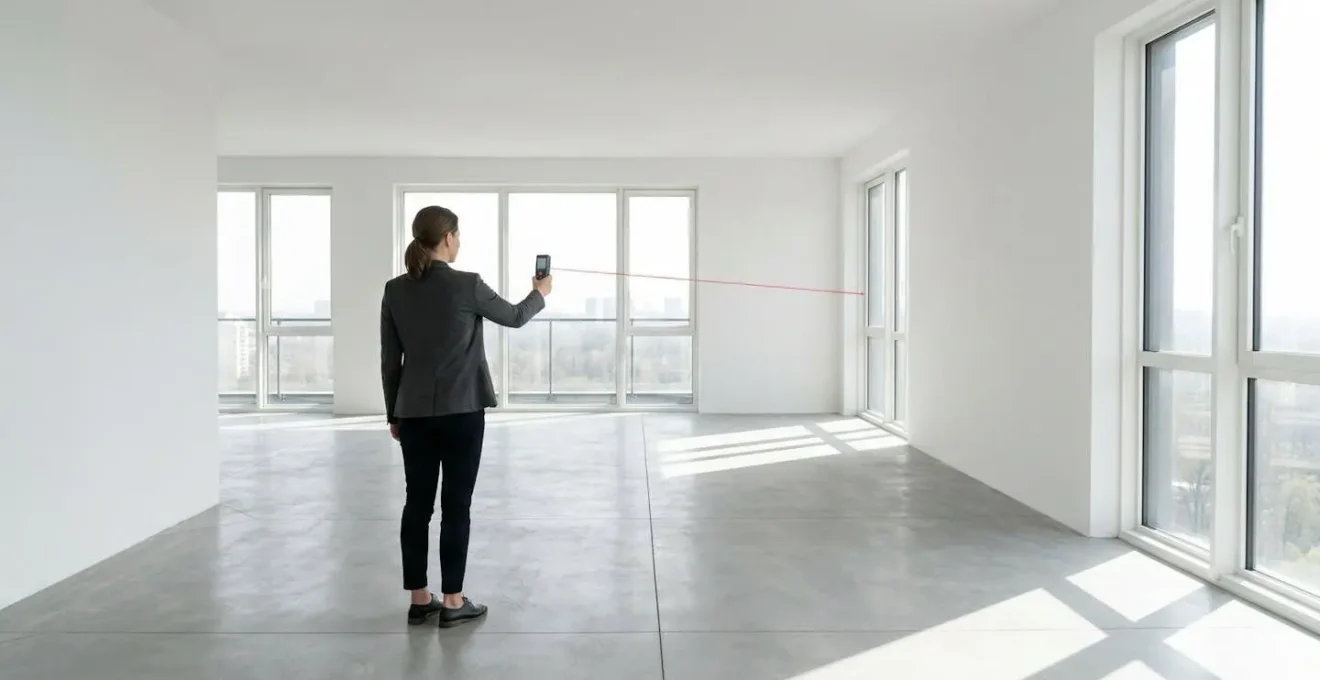 Diagnostiqueur mesurant avec précision les surfaces d'un appartement lors d'une contre-visite préventive