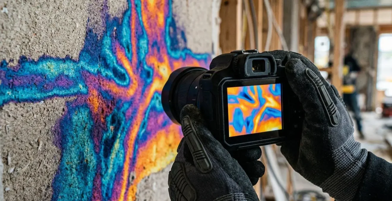 Thermographie infrarouge montrant les défauts d'isolation sur un mur de maison