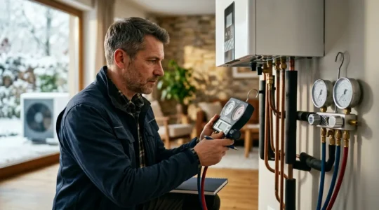 Technicien analysant les données de performance d'une pompe à chaleur dans des conditions réelles d'utilisation