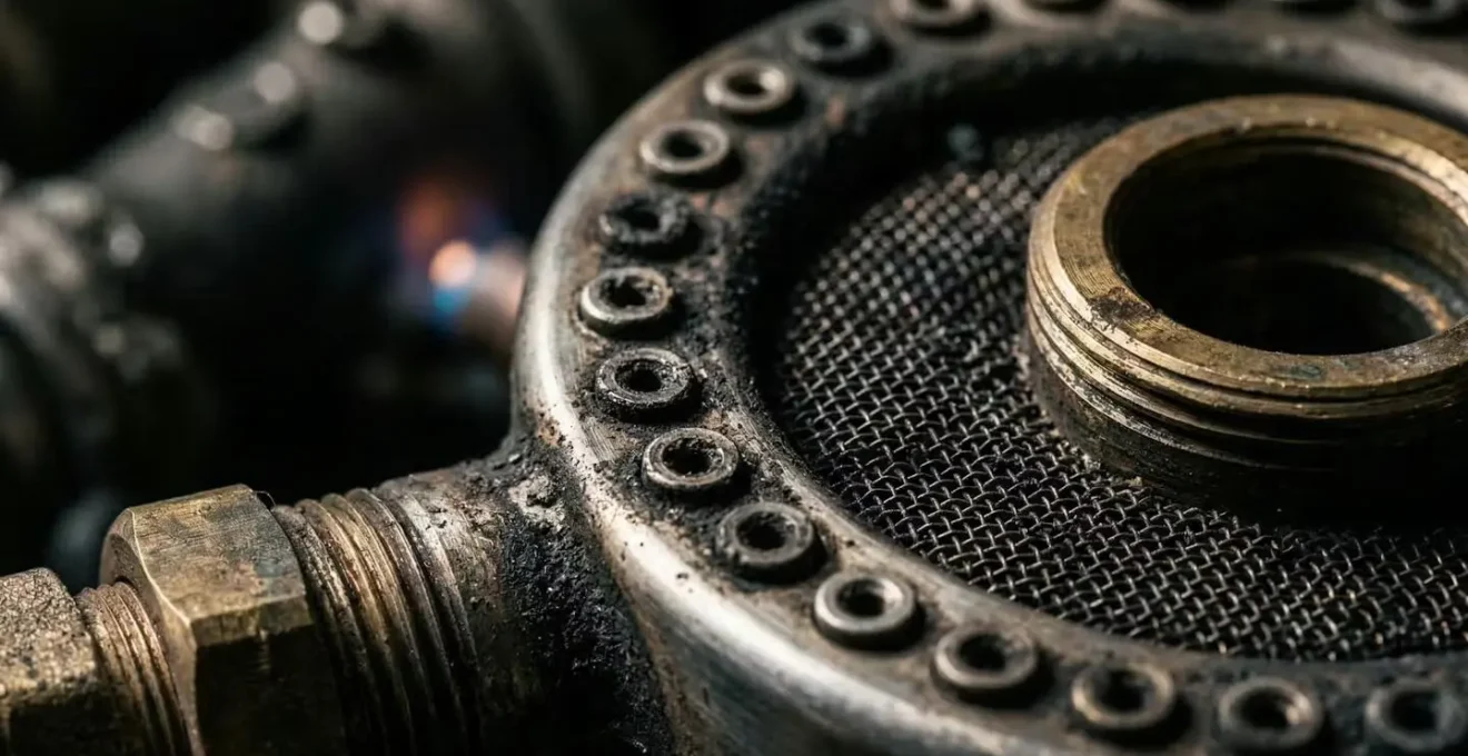 Vue macro détaillée d'un brûleur de chaudière pendant l'entretien technique
