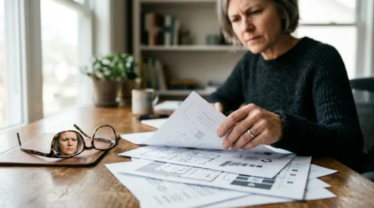 Main de propriétaire examinant des documents immobiliers avec diagnostic énergétique sur bureau professionnel