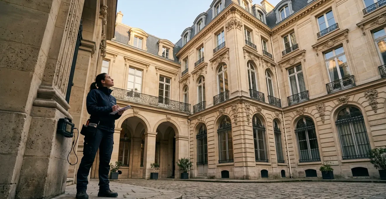 Diagnostiqueur immobilier certifié analysant un immeuble commercial avec ses outils professionnels