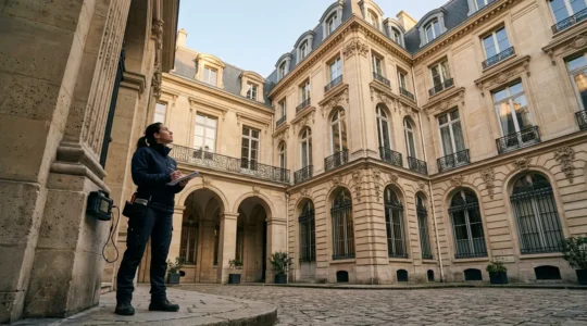 Diagnostiqueur immobilier certifié analysant un immeuble commercial avec ses outils professionnels