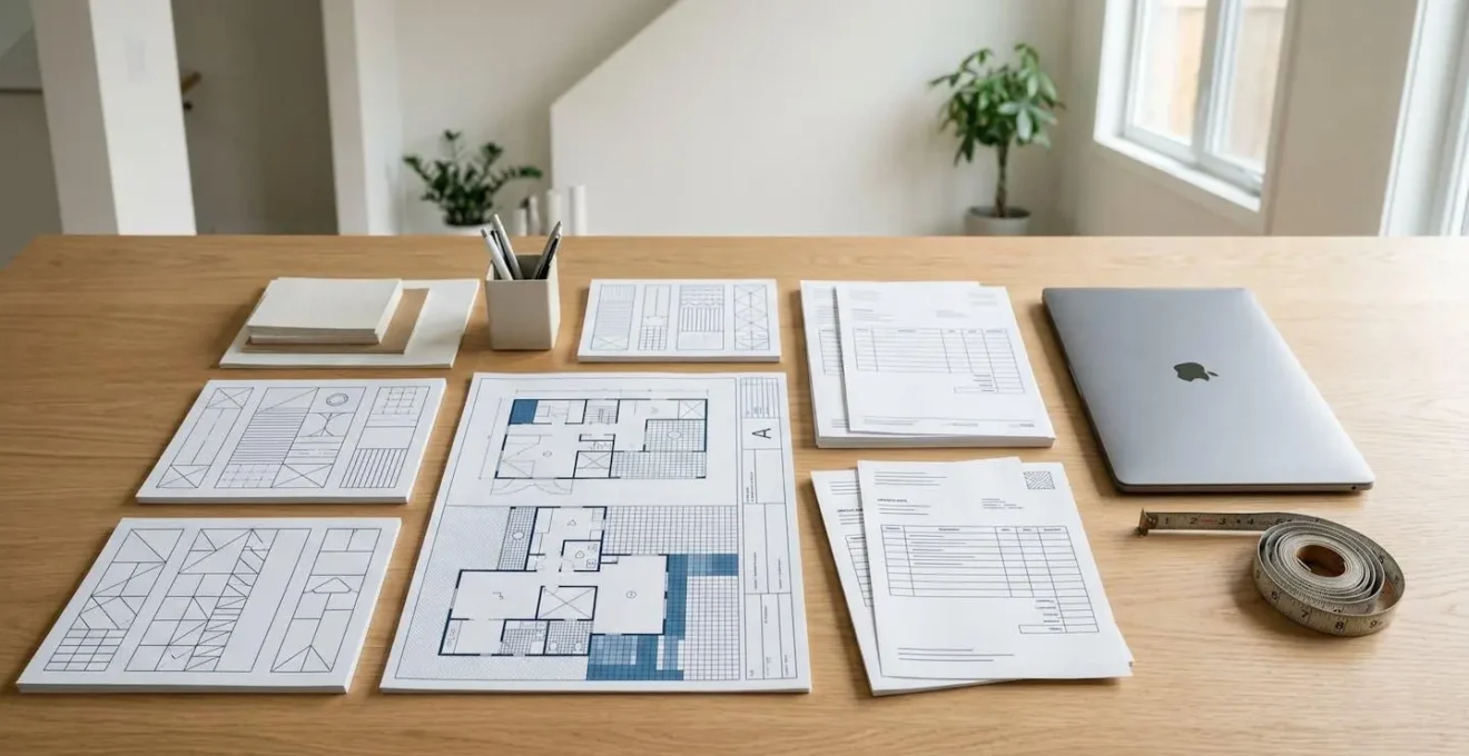 Table de travail avec plans architecturaux, factures d'isolation et ordinateur portable préparés pour l'audit énergétique