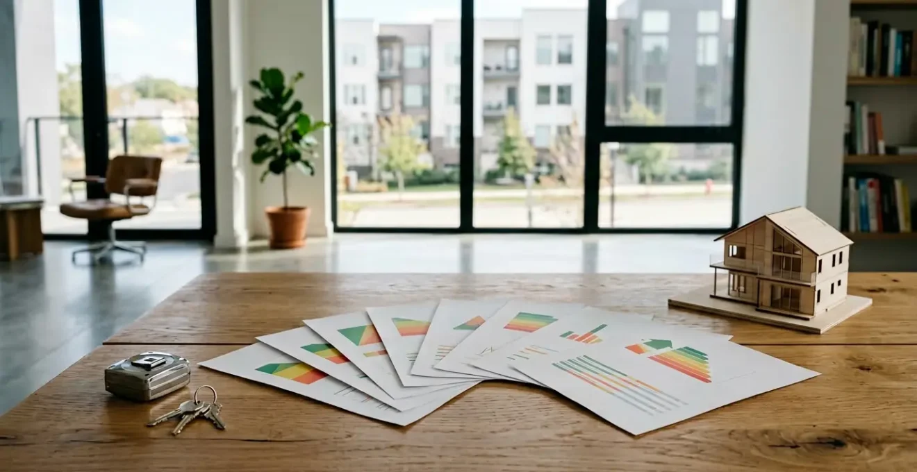 Documents de diagnostic immobilier étalés sur une table avec une maison en arrière-plan