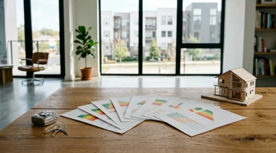 Documents de diagnostic immobilier étalés sur une table avec une maison en arrière-plan