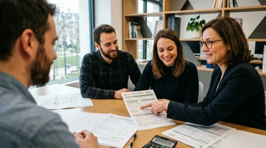 Couple consultant des documents de prêt éco-PTZ avec un conseiller bancaire dans un bureau lumineux