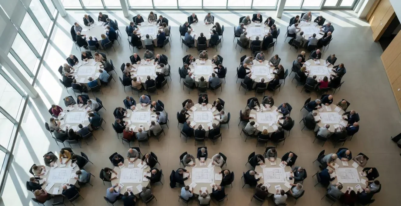 Vue en plongée d'une assemblée générale de copropriété avec documents de vote sur les tables