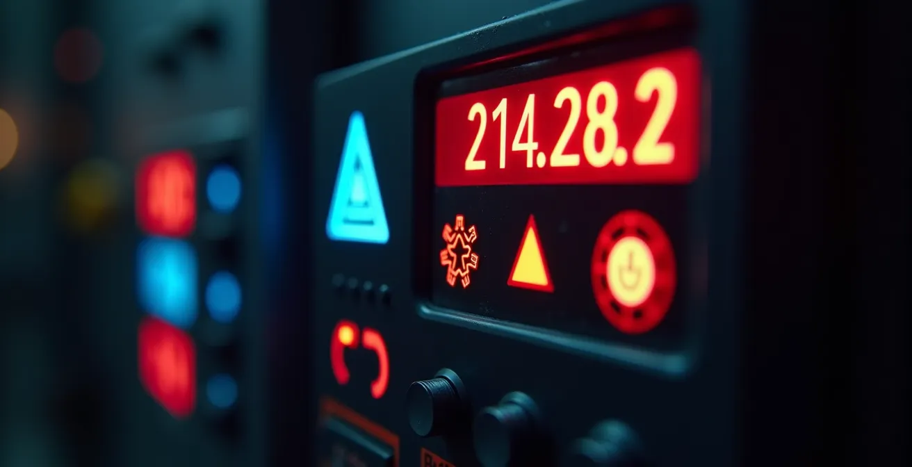 Gros plan sur l'écran d'affichage d'une chaudière montrant un code erreur