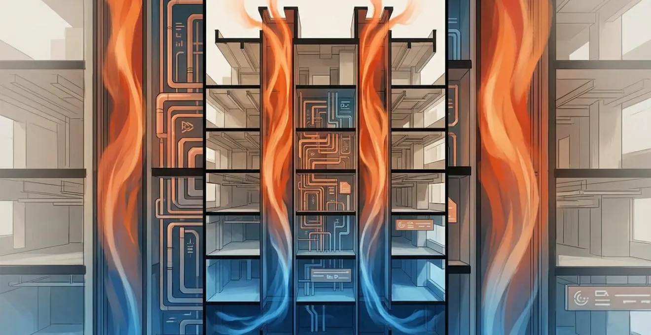 Coupe verticale d'un bâtiment montrant l'effet cheminée dans les gaines techniques