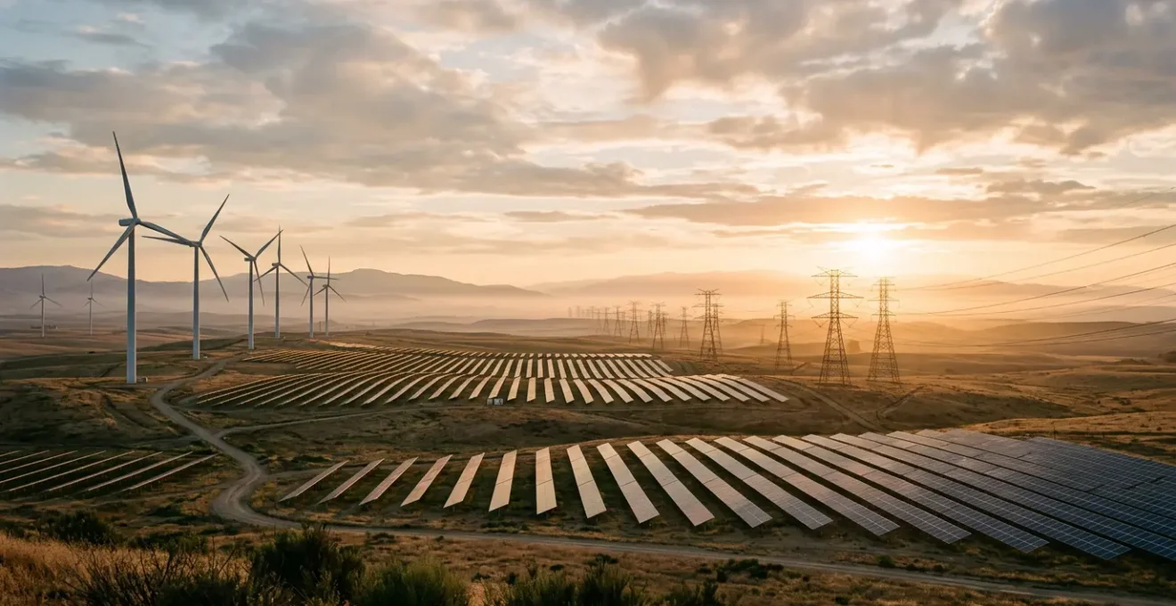 Centrale électrique renouvelable avec panneaux solaires, éoliennes et réseau de distribution sous ciel nuageux contrastant énergie propre et pollution