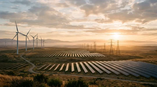 Centrale électrique renouvelable avec panneaux solaires, éoliennes et réseau de distribution sous ciel nuageux contrastant énergie propre et pollution