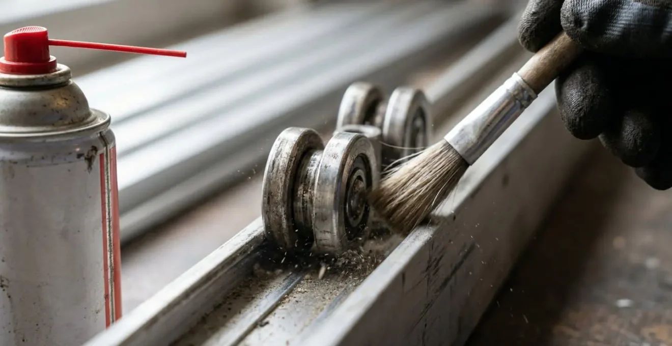 Vue détaillée des roulettes d'une baie coulissante en cours de nettoyage avec les outils appropriés