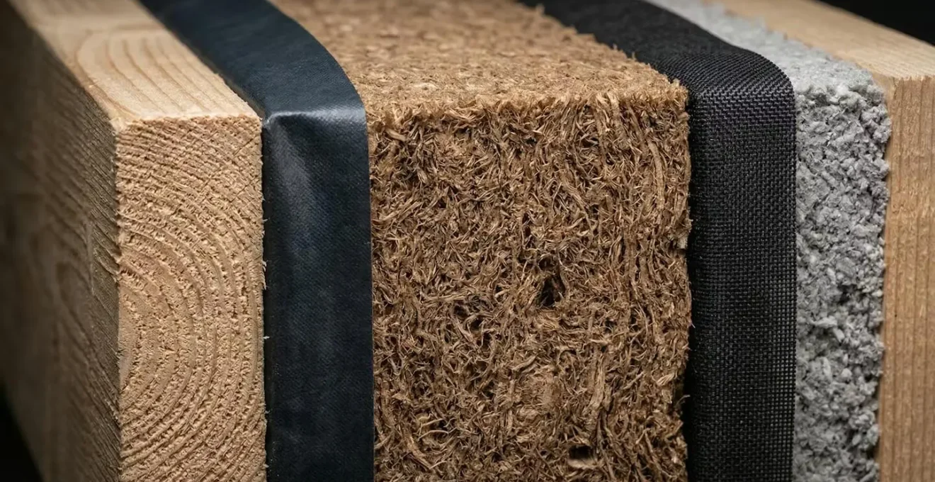 Coupe technique d'un mur de maison passive montrant les différentes couches d'isolation