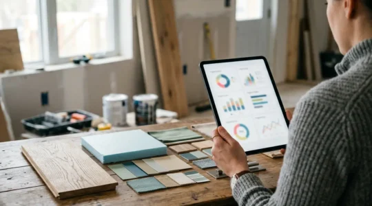 Interface numérique moderne montrant un espace de suivi personnalisé des demandes d'aides à la rénovation énergétique