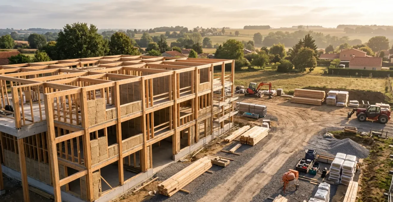 Vue en perspective d'un projet de construction avec annotations thermiques et matériaux durables