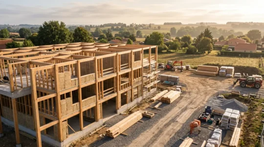 Vue en perspective d'un projet de construction avec annotations thermiques et matériaux durables