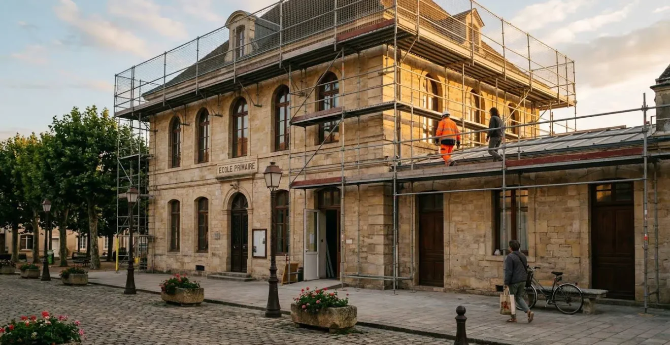 Façade d'une école publique en cours de rénovation avec échafaudages visibles, baignée dans une lumière de fin de journée