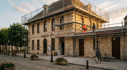 Façade d'une école publique en cours de rénovation avec échafaudages visibles, baignée dans une lumière de fin de journée